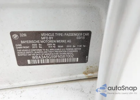 2015 BMW 328I из США, поврежденный, VIN WBA3A5G59FNS87002